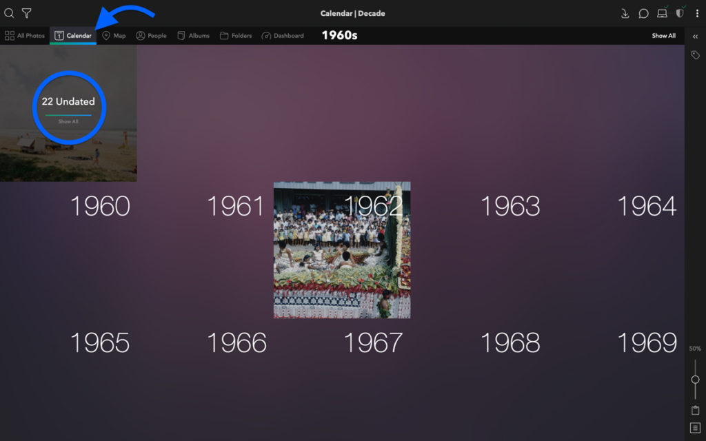 Screenshot showing undated photos for Mylio calendar view