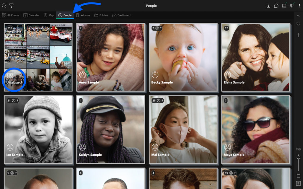 Screenshot showing untagged photos of faces for Mylio face recognition