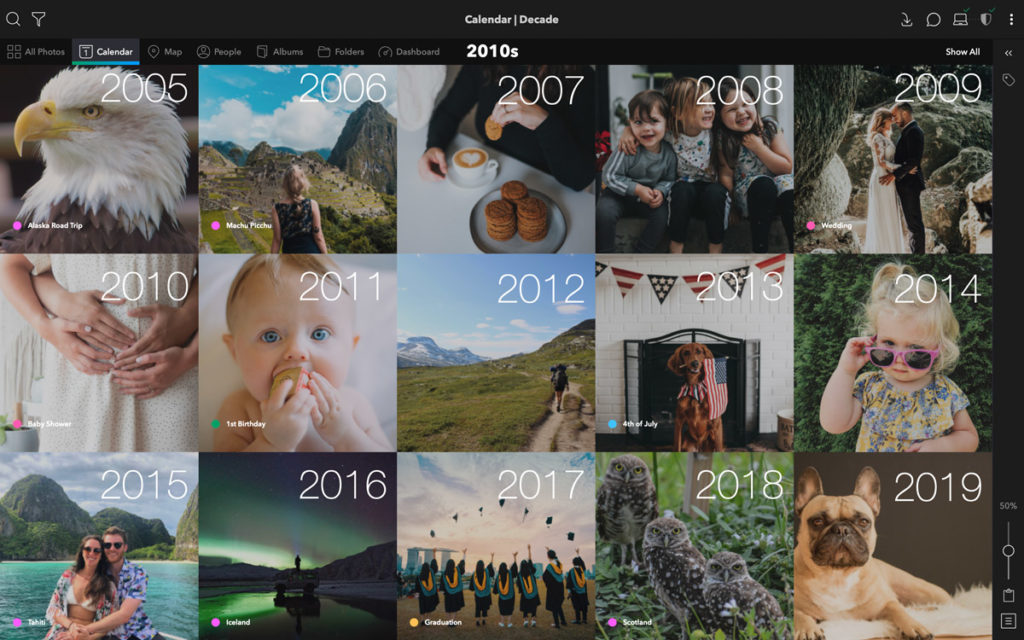 Mylio Life Calendar view shows photos from events in the 2010s decade