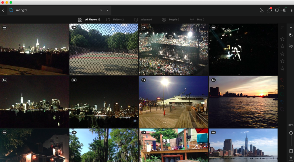 Screenshot of Mylio photo organization app showing 1-star ratings on images to delete to declutter photos